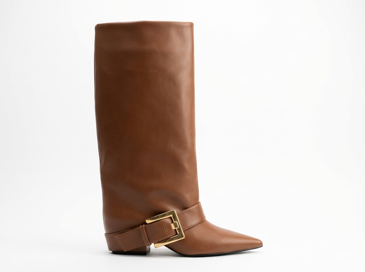 Santiag haute marron Synthétique Femme - Élégante avec boucle dorée à la cheville