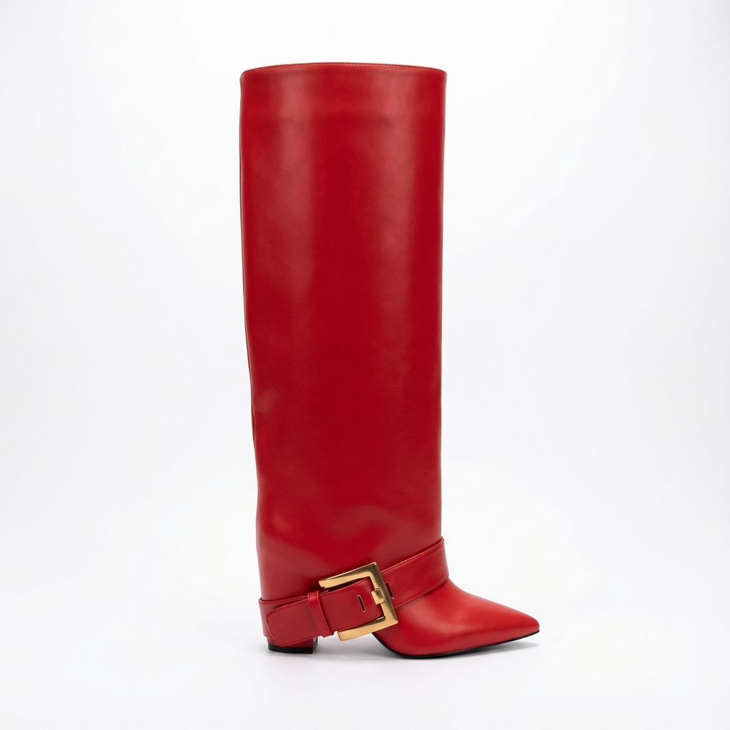 Santiag haute rouge Simili Cuir Femme - Boucles dorées et silhouette élégante