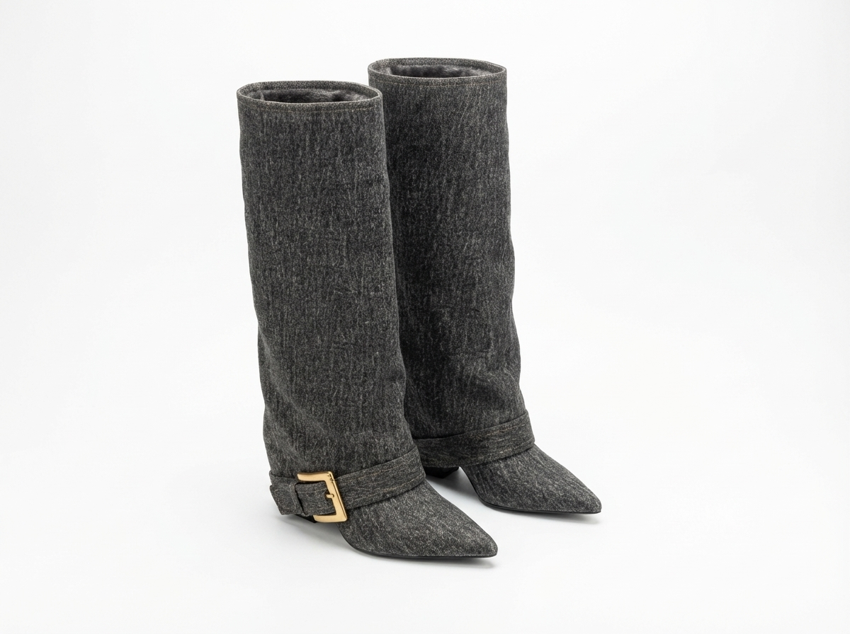 Santiag haute gris Synthétique Femme - Élégance moderne avec boucle dorée