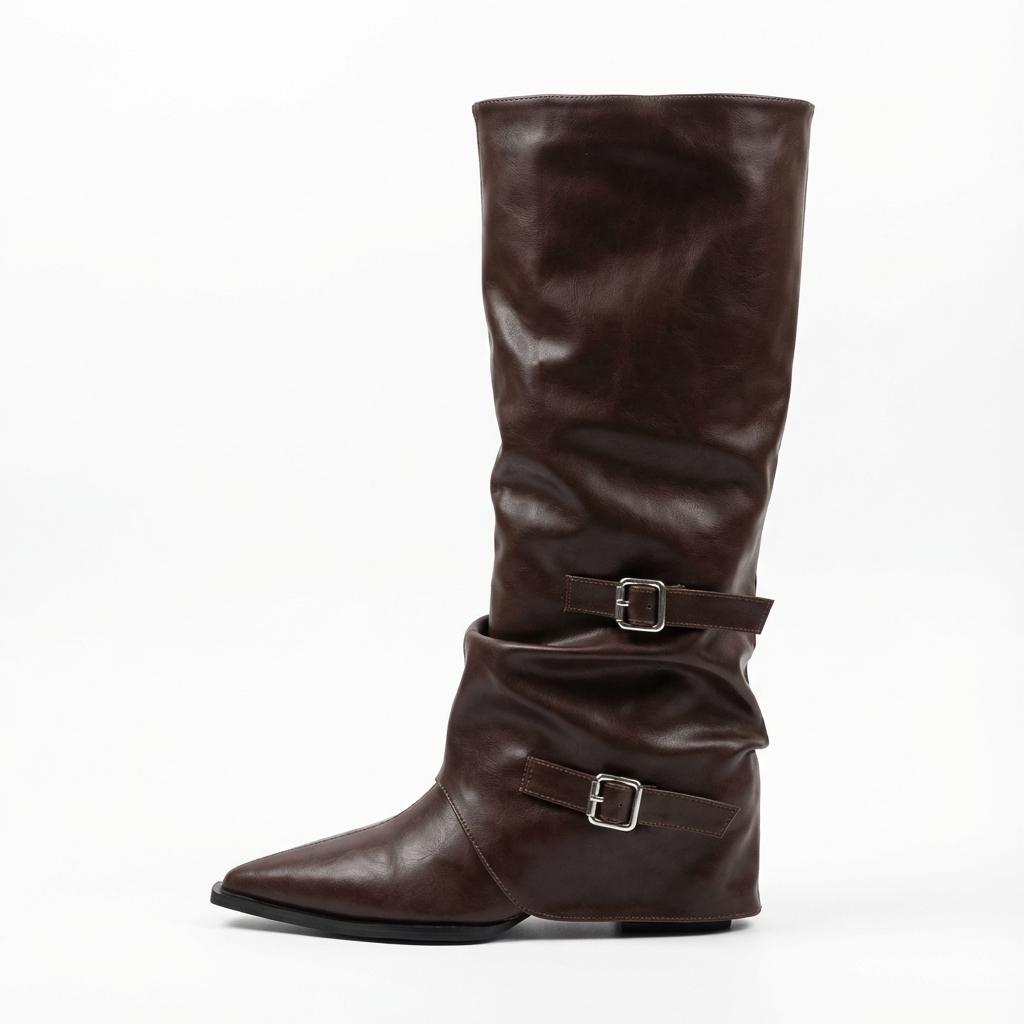 Santiag haute marron foncé Simili Cuir Femme - Design moderne avec boucles métalliques 3