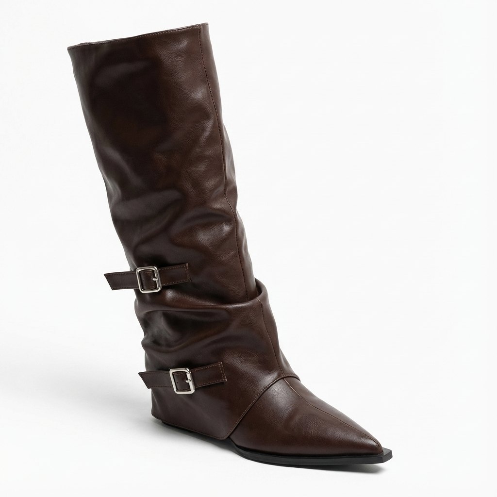 Santiag haute marron foncé Simili Cuir Femme - Design moderne avec boucles métalliques