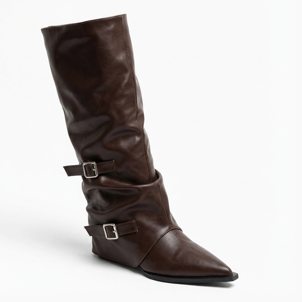 Santiag haute marron foncé Simili Cuir Femme - Design moderne avec boucles métalliques