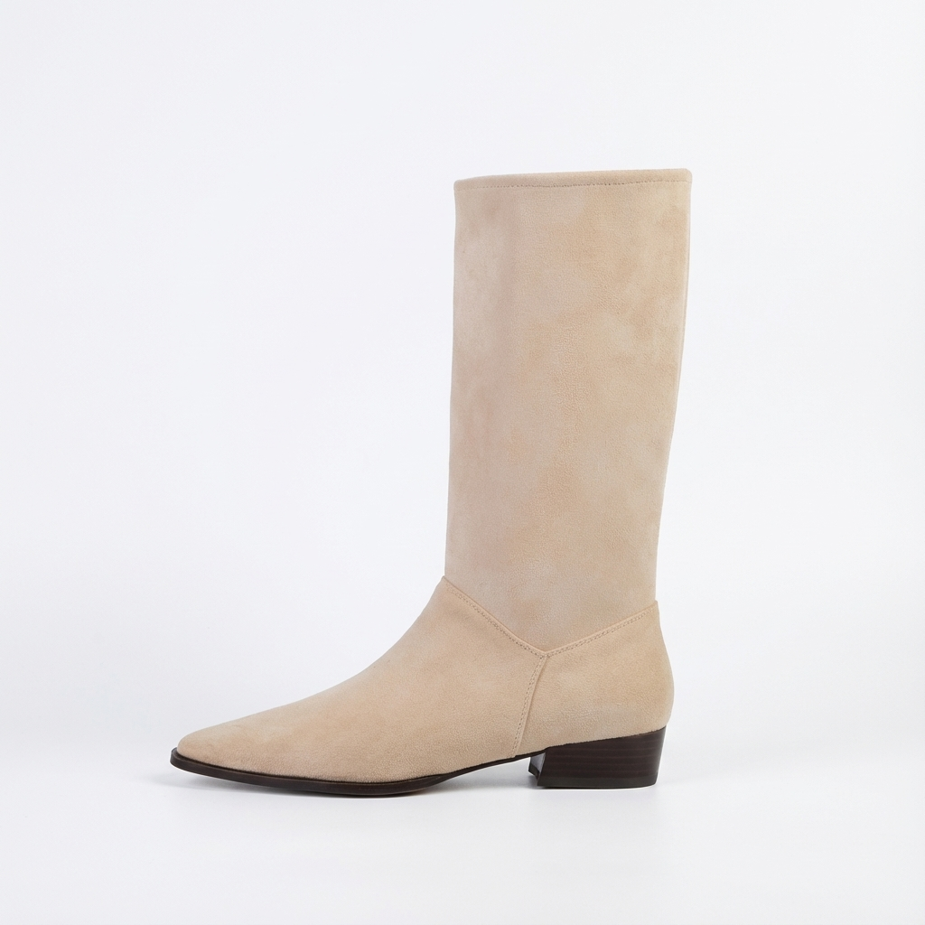 Santiag haute beige Daim Femme - Élégance subtile avec plis délicats 2