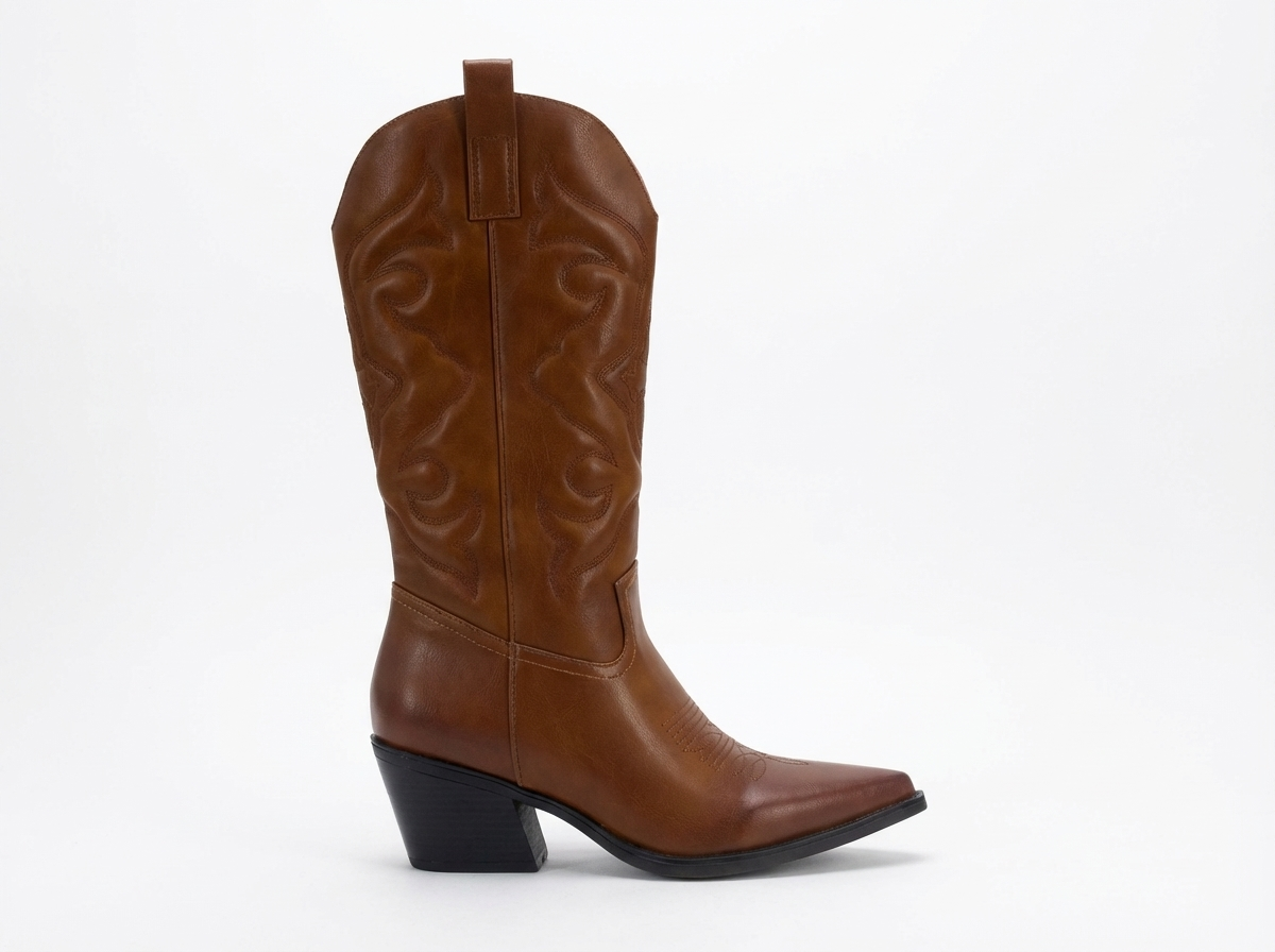 Santiag mi-haute marron Simili Cuir Femme - Bout pointu décoré et broderies élégantes 2