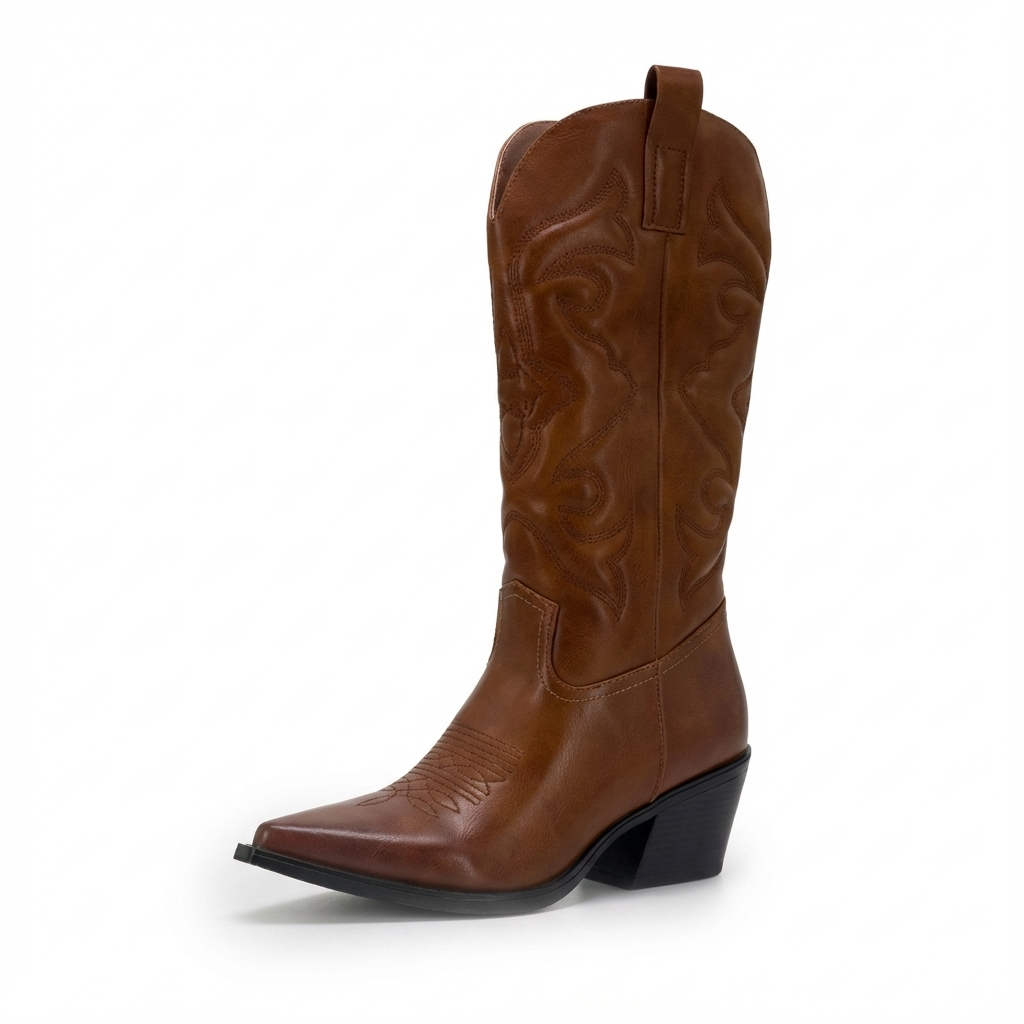 Santiag mi-haute marron Simili Cuir Femme - Bout pointu décoré et broderies élégantes