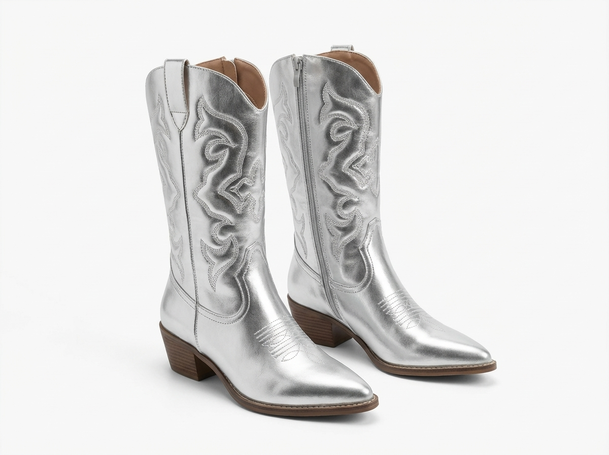 Santiag mi-haute argenté Simili Cuir Femme - Santiags argentées à broderies western