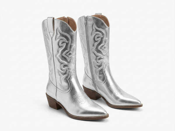 Santiag mi-haute argenté Simili Cuir Femme - Santiags argentées à broderies western - three_quarter_view