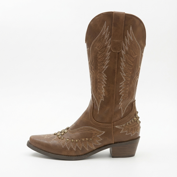 Santiag haute marron Simili Cuir Femme - Broderie florale et clous décoratifs