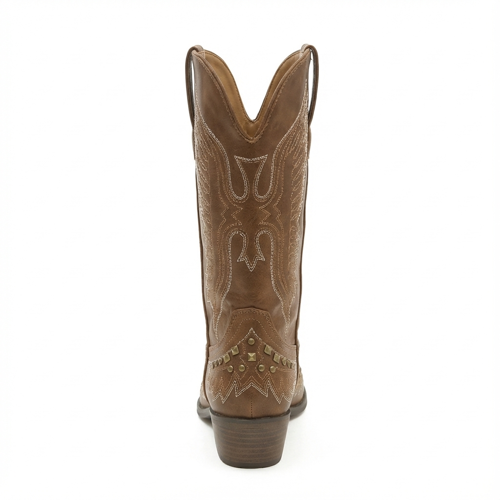 Santiag haute marron Simili Cuir Femme - Broderie florale et clous décoratifs 6