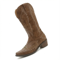 Santiag haute marron Simili Cuir Femme - Broderie florale et clous décoratifs 7