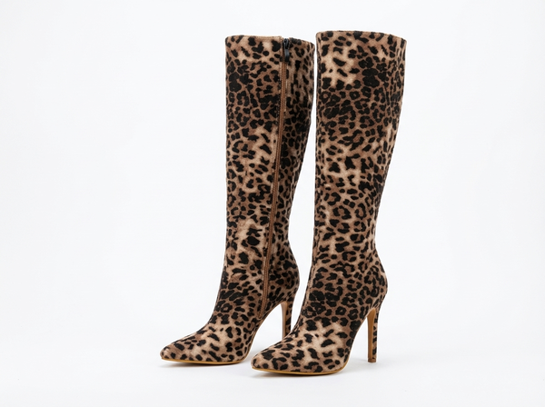 Santiag mi-haute marron clair Simili Cuir Femme - Motif léopard avec talons aiguilles - three_quarter_view