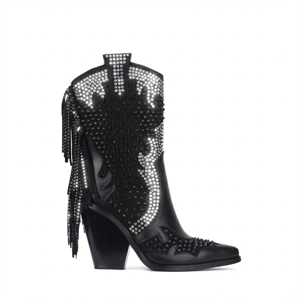 Santiag haute noir Simili Cuir Femme - Franges excentriques et clous scintillants 4