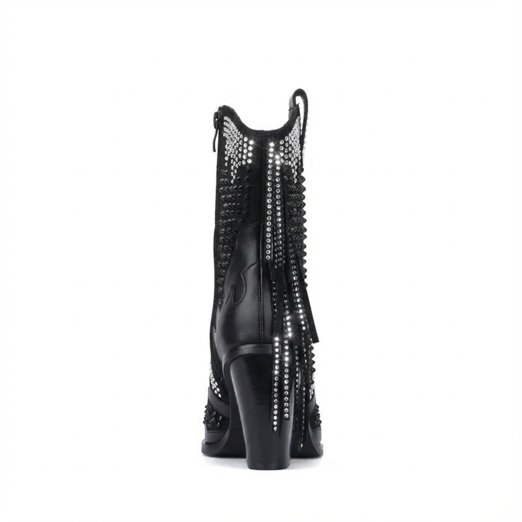 Santiag haute noir Simili Cuir Femme - Franges excentriques et clous scintillants 5