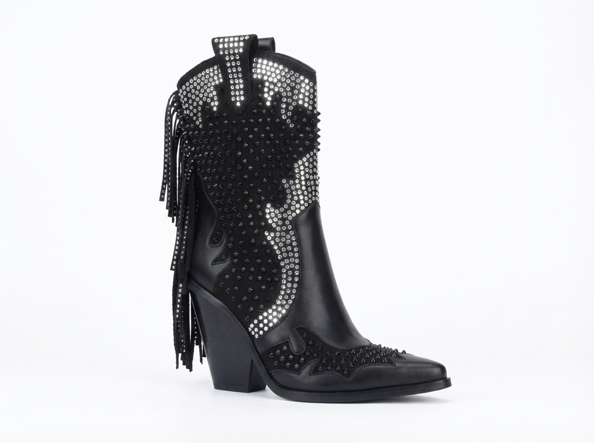 Santiag haute noir Simili Cuir Femme - Franges excentriques et clous scintillants 3