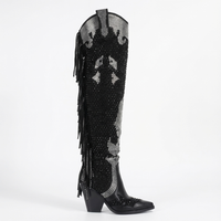 Santiag haute noir Simili Cuir Femme - Bottes brillantes à franges élégantes 1