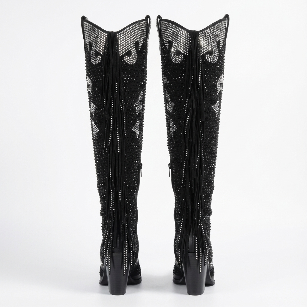 Santiag haute noir Simili Cuir Femme - Bottes brillantes à franges élégantes 6