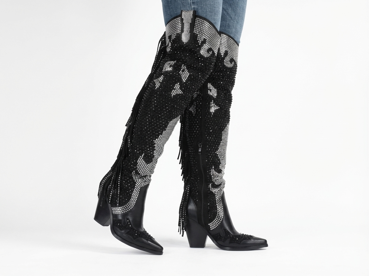 Santiag haute noir Simili Cuir Femme - Bottes brillantes à franges élégantes 2