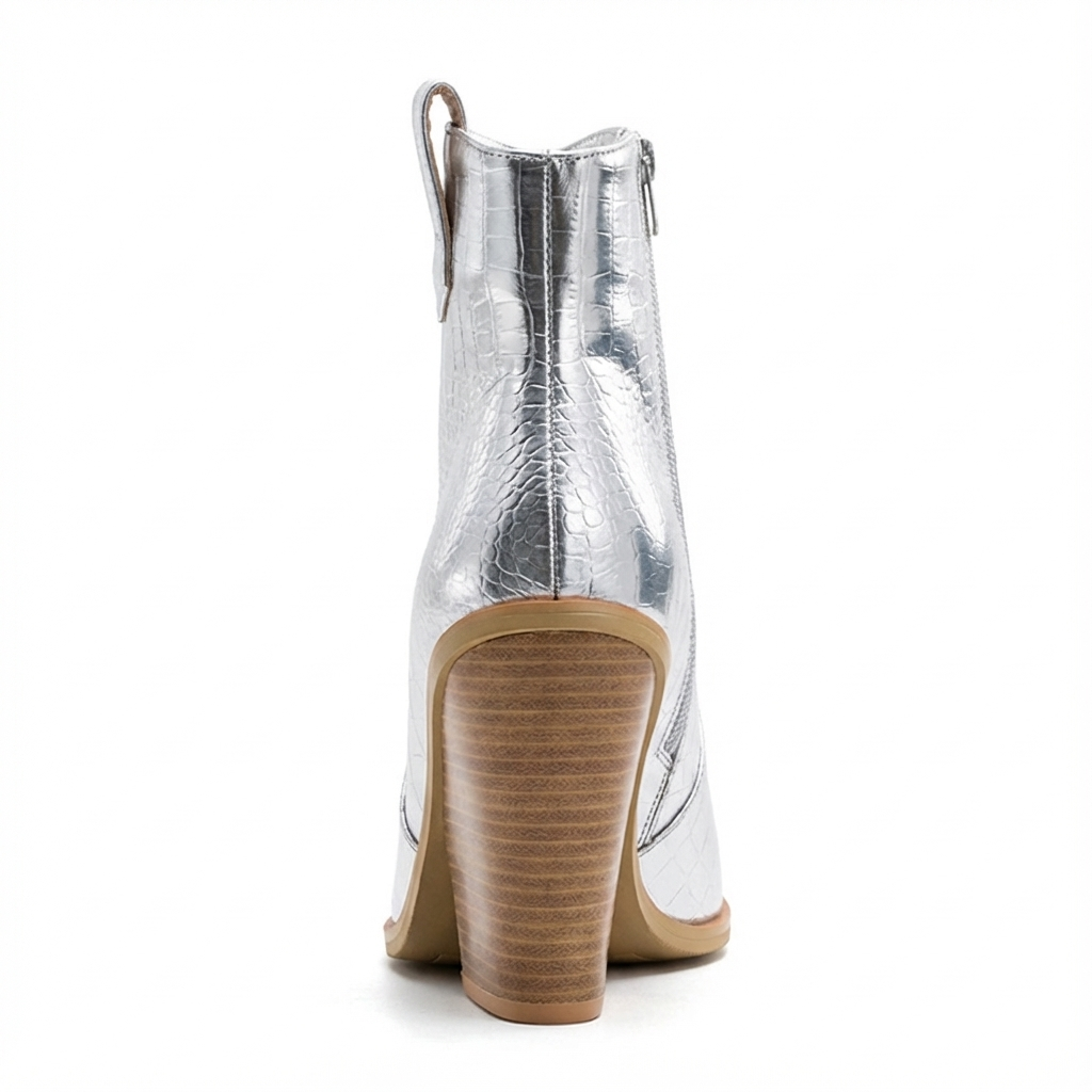 Santiag mi-haute argenté Simili Cuir Femme - Design argenté pointu à texture crocodile 3