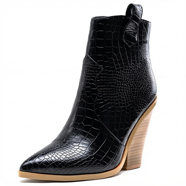 Santiag mi-haute noir Simili Cuir Femme - Motif crocodile et boucle décorative élégante
