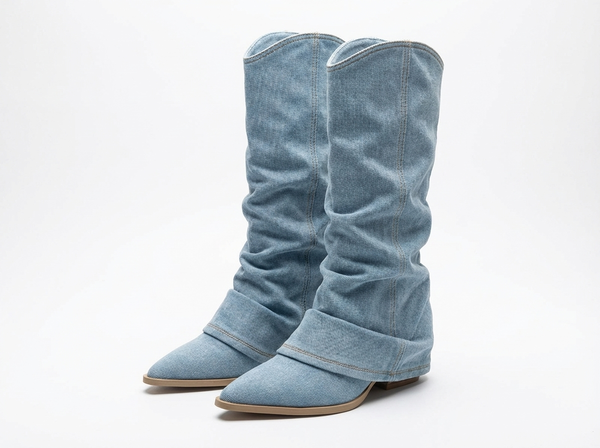 Santiag mi-haute bleu Synthétique Femme - Santiags denim bleu bout pointu