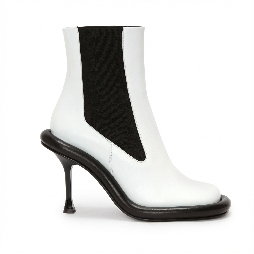 Bottine chelsea blanc Synthétique Femme - Talon sculpté et empiècements élastiques noirs 2