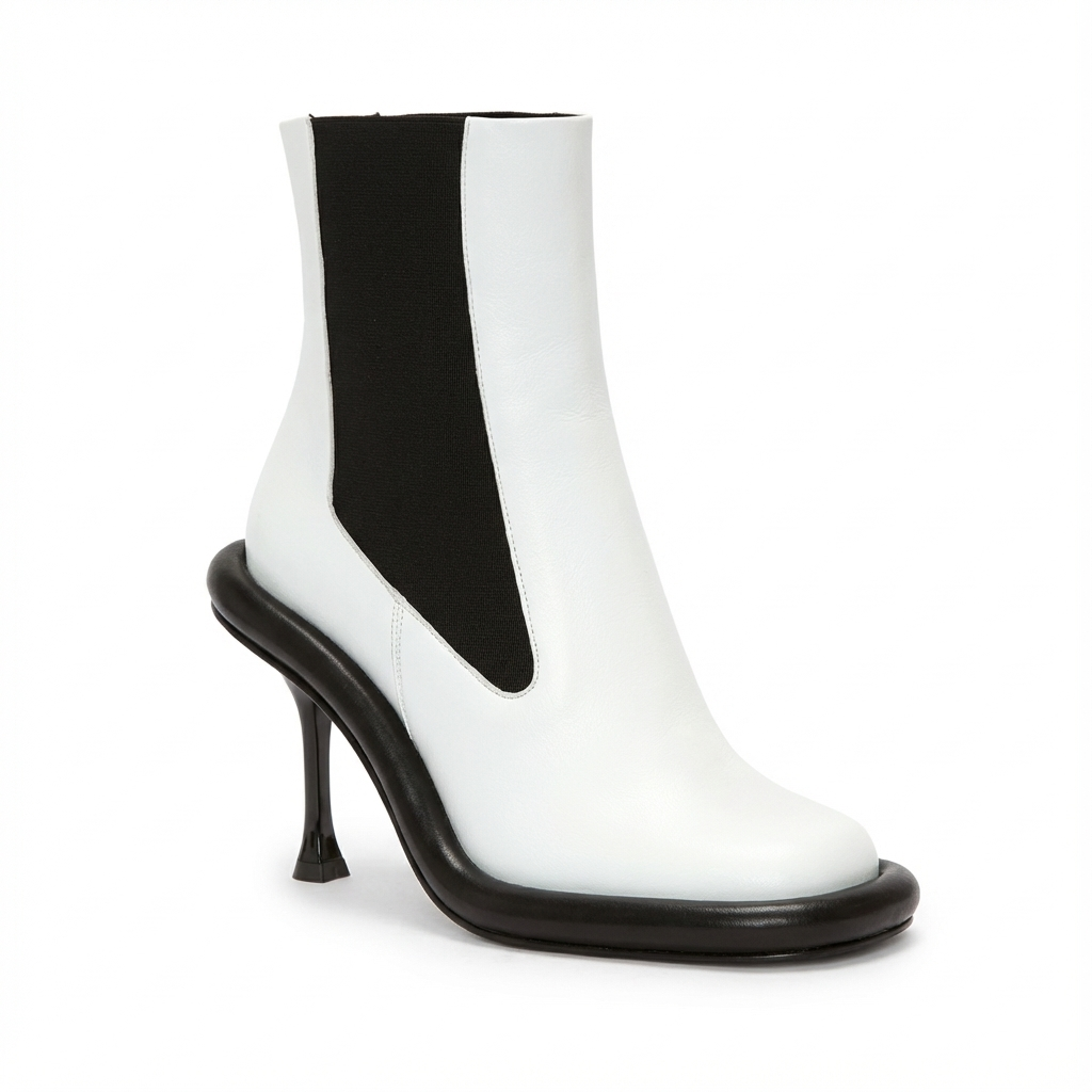 Bottine chelsea blanc Synthétique Femme - Talon sculpté et empiècements élastiques noirs