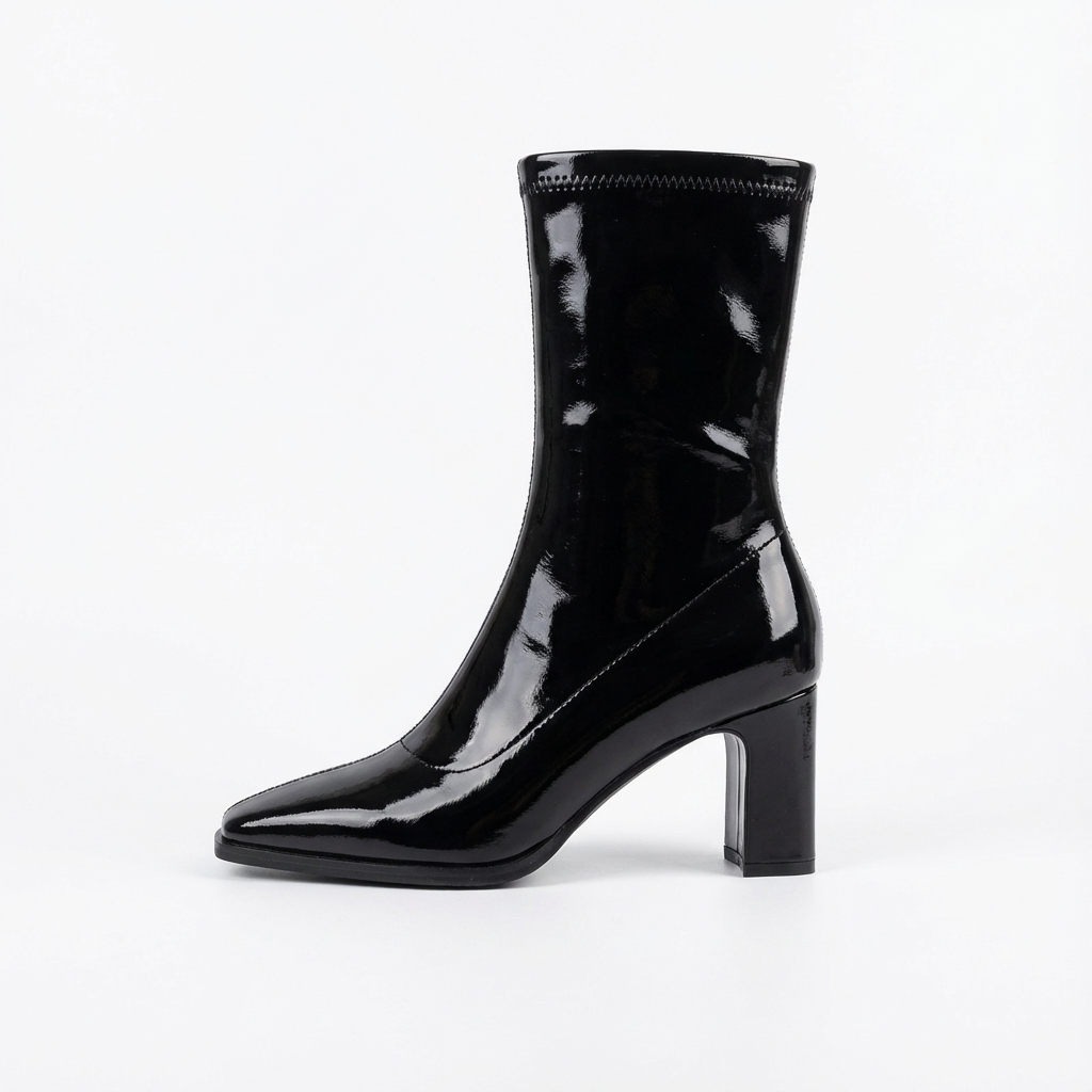 Bottine à talon noir Synthétique Femme - Santiags noires vernies à bout carré 2