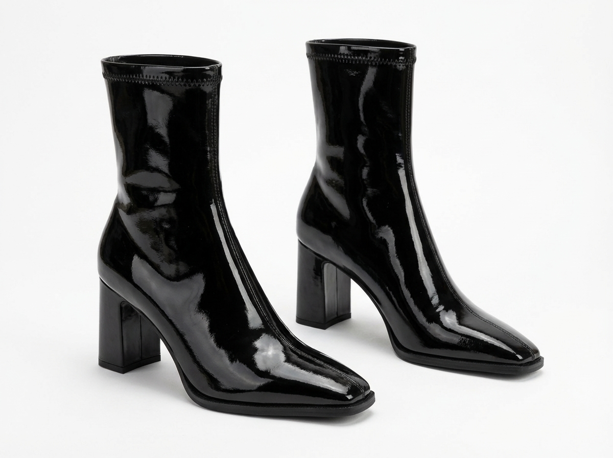 Bottine à talon noir Synthétique Femme - Santiags noires vernies à bout carré