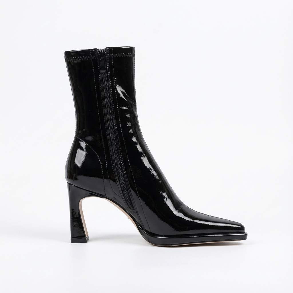Bottine haute noir Simili Cuir Femme - Santiags noires vernies à bout pointu 3