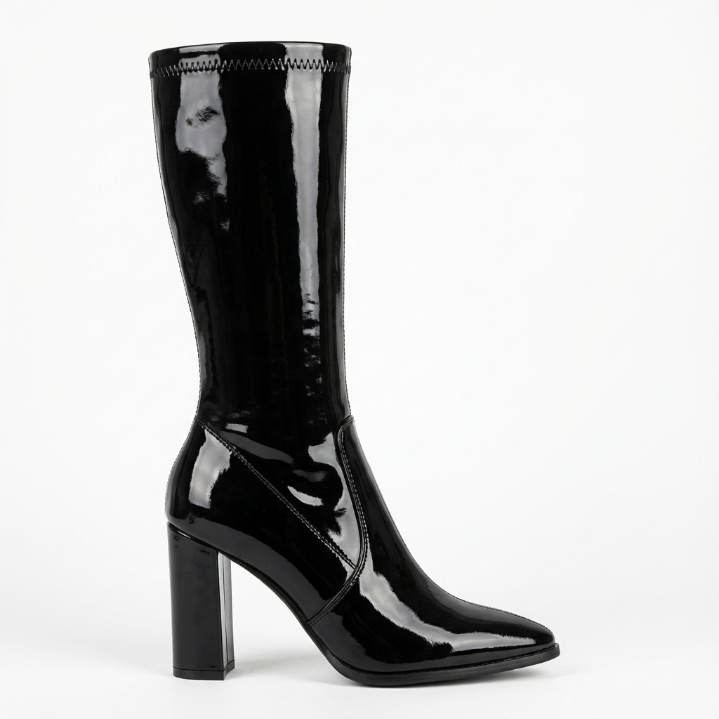 Santiag mi-haute noir Synthétique Femme - Talons carrés et effet cuir verni 2