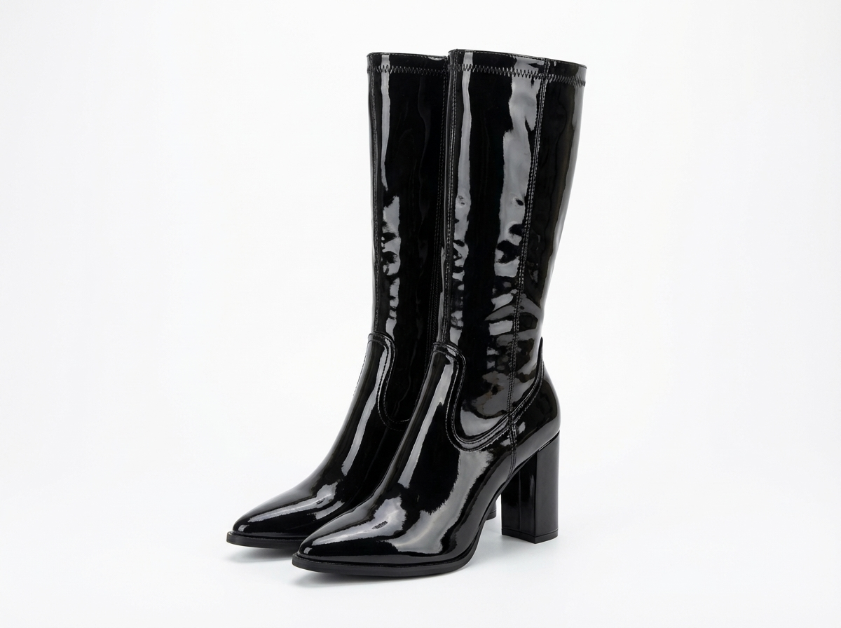Santiag mi-haute noir Synthétique Femme - Talons carrés et effet cuir verni