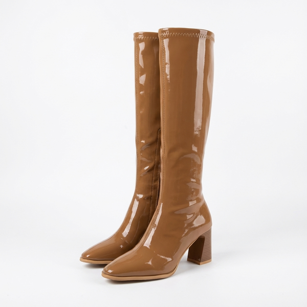 Santiag haute camel Synthétique Femme - Aspect verni avec surpiqûres élégantes - three_quarter_view