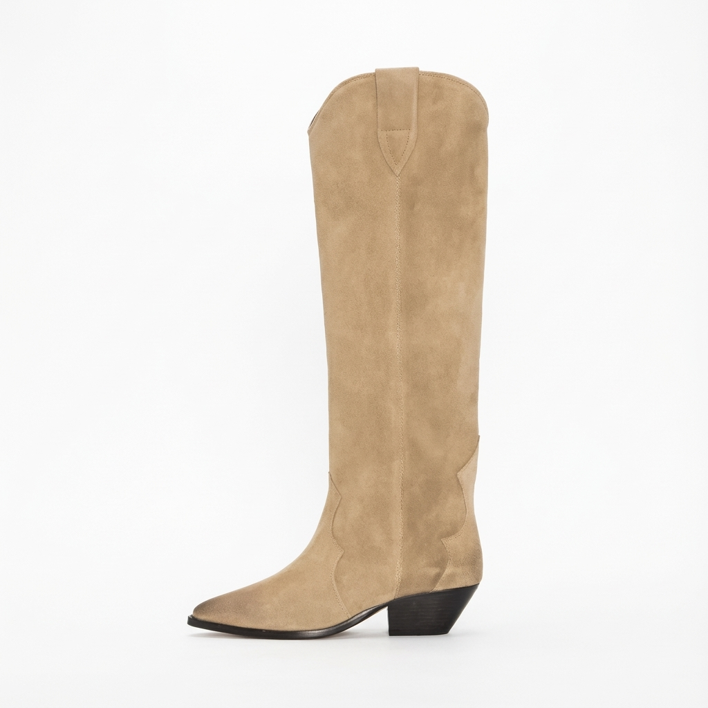 Santiag haute beige Daim Synthétique Femme - Élégance ethnique avec couture subtile 2