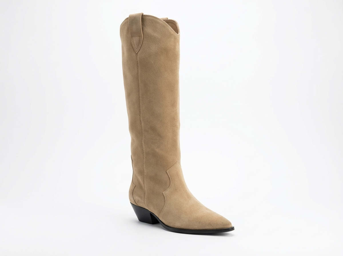 Santiag haute beige Daim Synthétique Femme - Élégance ethnique avec couture subtile