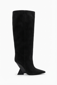 Botte haute noir Daim Synthétique Femme - Talon géométrique et bout pointu chic 2