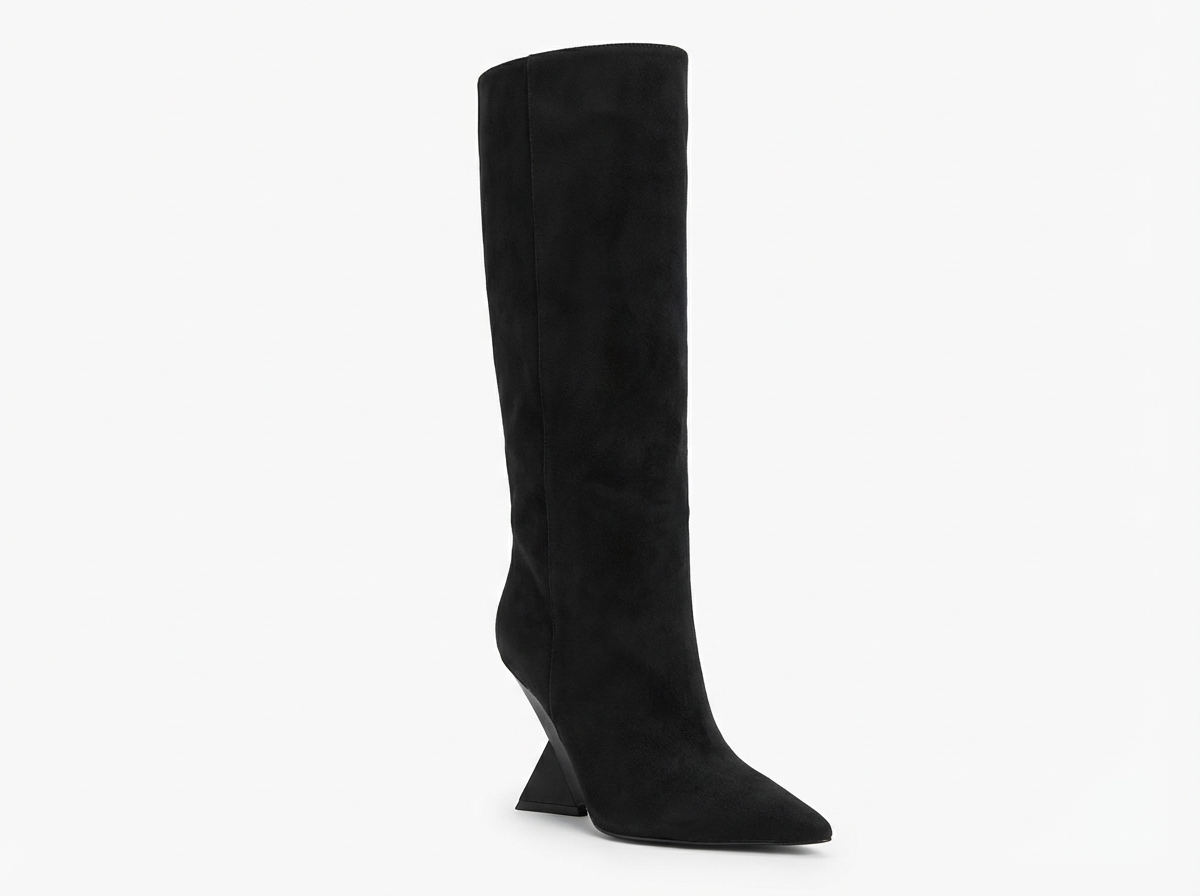 Botte haute noir Daim Synthétique Femme - Talon géométrique et bout pointu chic