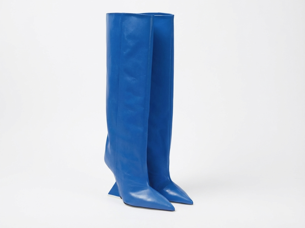 Botte haute bleu Synthétique Femme - Santiags bleu lisse au talon angulaire
