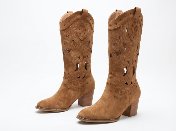 Santiag haute camel Daim Synthétique Femme - Motifs découpés avec accents métalliques discrets - three_quarter_view