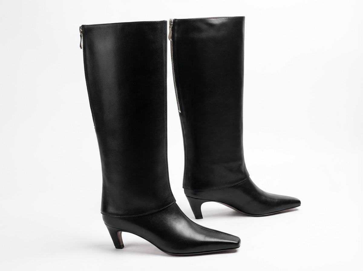Botte haute noir Cuir Femme - Santiags noires bout carré élégantes modernes
