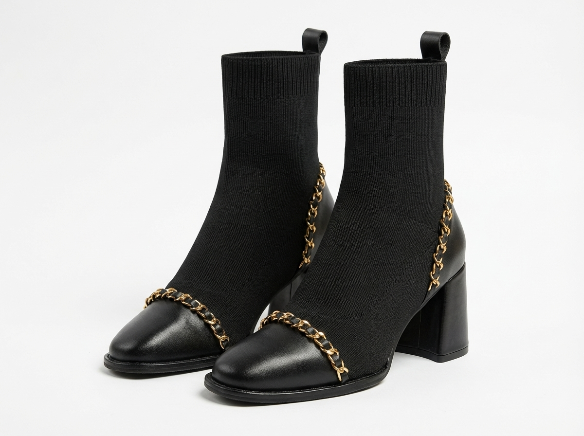 Bottine haute noir Synthétique Femme - Chaînes dorées et bout carré élégant