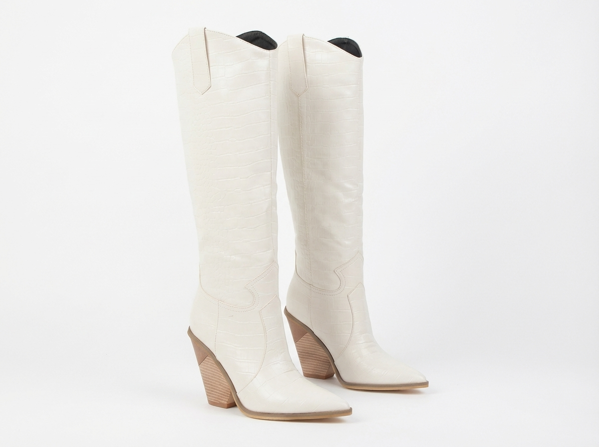 Santiag haute blanc Synthétique Femme - Talon compensé, motif python élégant