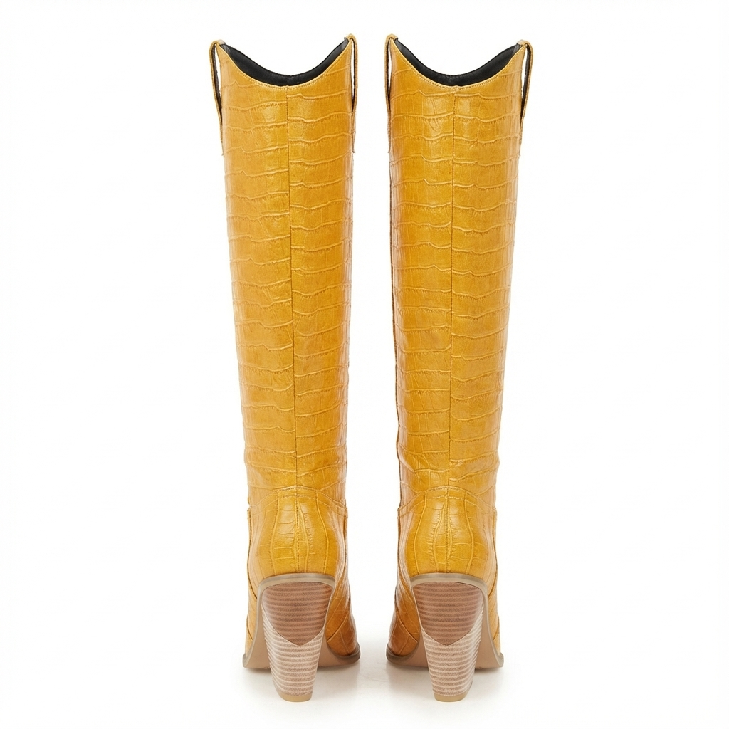 Santiag haute jaune Simili Cuir Femme - Motif crocodile élégant avec talon incliné 4