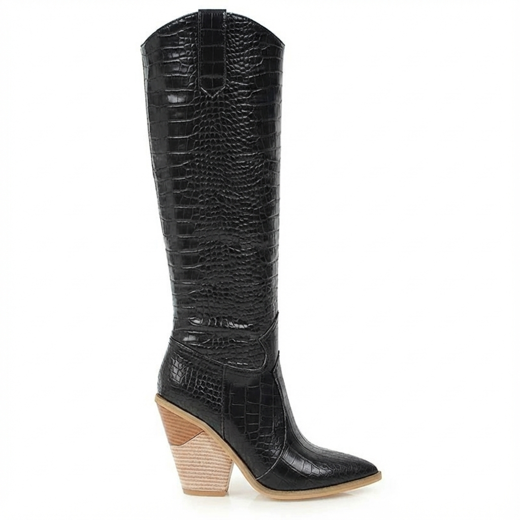 Santiag haute noir Synthétique Femme - Talon clair, motif croco sophistiqué 3