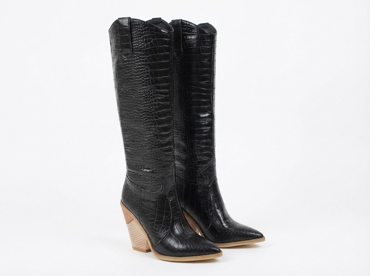 Santiag haute noir Synthétique Femme - Talon clair, motif croco sophistiqué