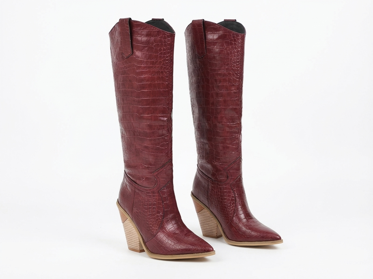 Santiag haute rouge Synthétique Femme - Texture crocodile et talons inclinés