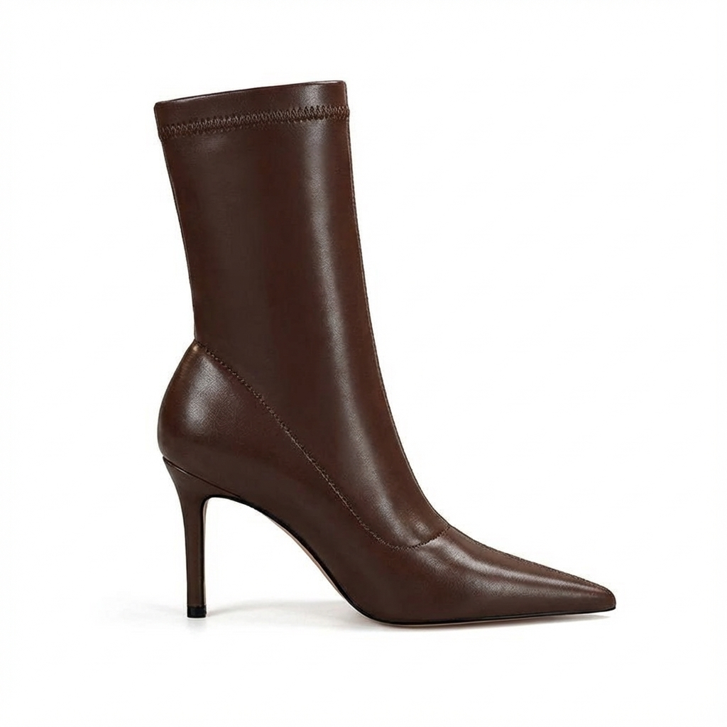 Botte haute marron Simili Cuir Femme - Bottes santiags pointues à talon aiguille