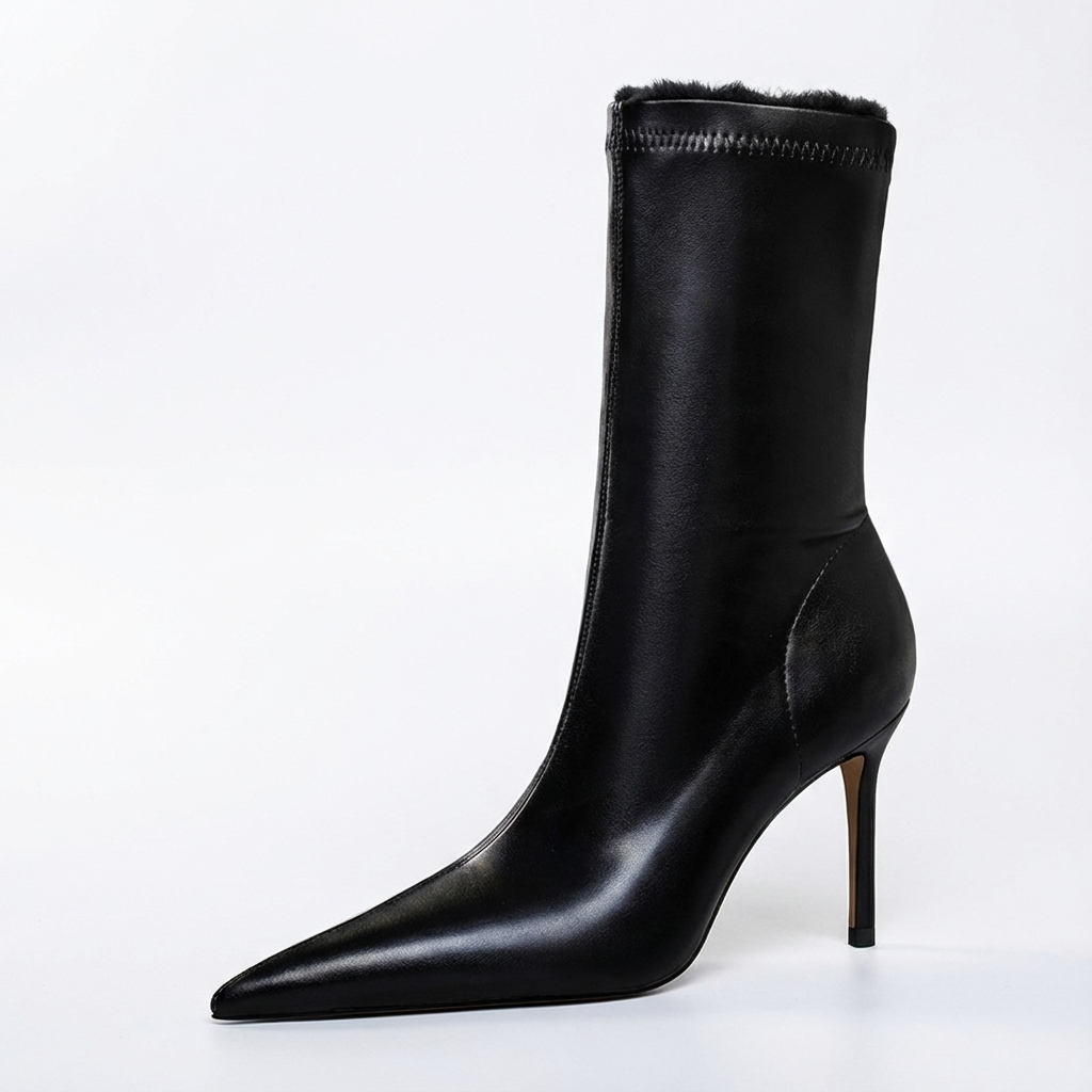 Bottine à talon noir Simili Cuir Femme - Santiags élégantes à motif fourrure