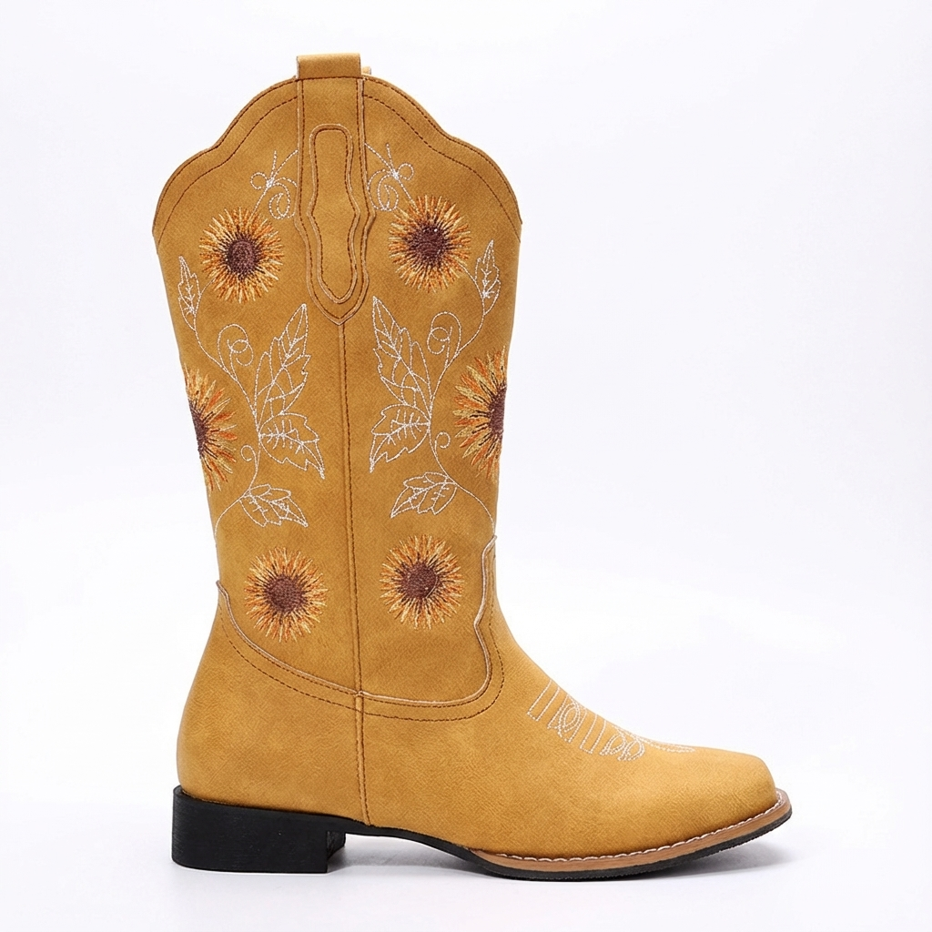 Santiag mi-haute jaune Simili Cuir Femme - Broderies florales sur fond jaune vif 5