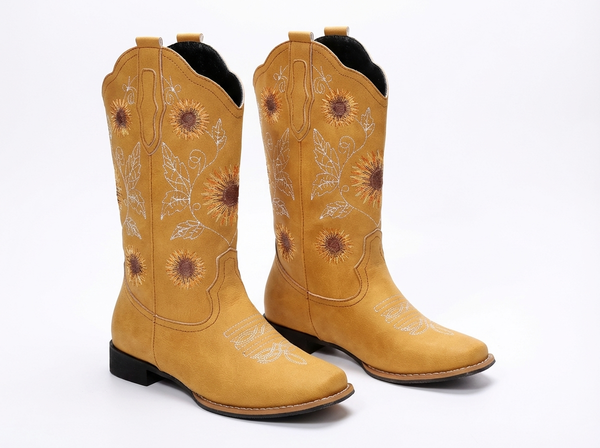 Santiag mi-haute jaune Simili Cuir Femme - Broderies florales sur fond jaune vif