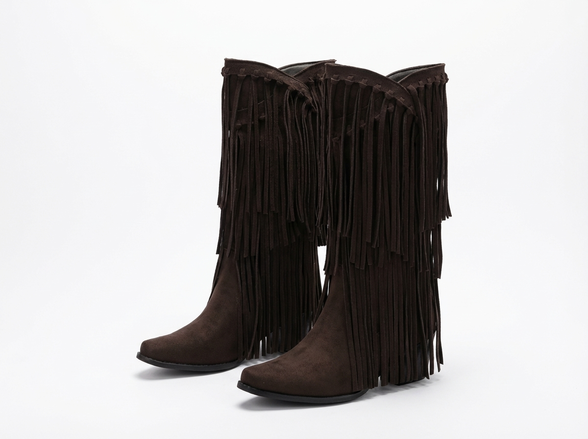 Santiag mi-haute marron foncé Simili Cuir Femme - Style rétro aux longues franges dynamiques